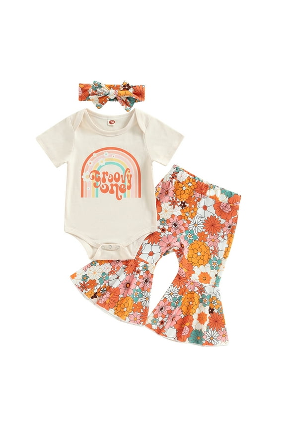 Toddler Baby Girl Birthday Outfit Groovy One/Two Groovy Romper Shirts Flower Bell Bottoms Headband Boho Clothes 6M 18M