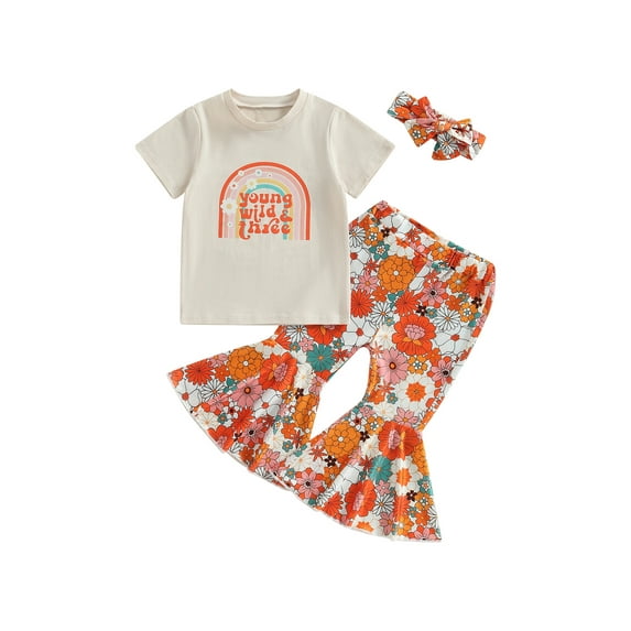 Toddler Baby Girl Birthday Outfit Young Wild Three Short Sleeve T-Shirt Flower Bell Bottoms Headband Boho Clothes