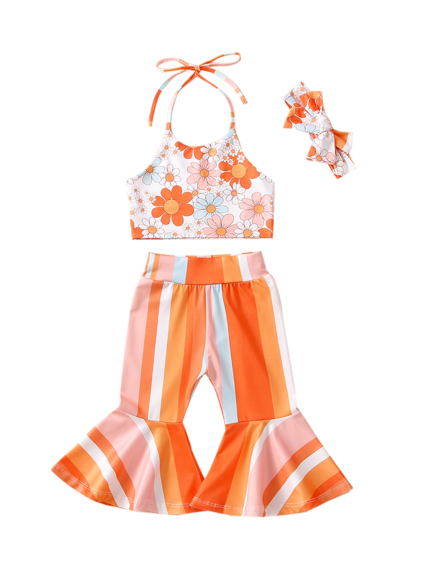 Toddler Baby Girl Boho Clothes Sleeveless Floral Halter Crop Top and Bell Bottom Pants Cute