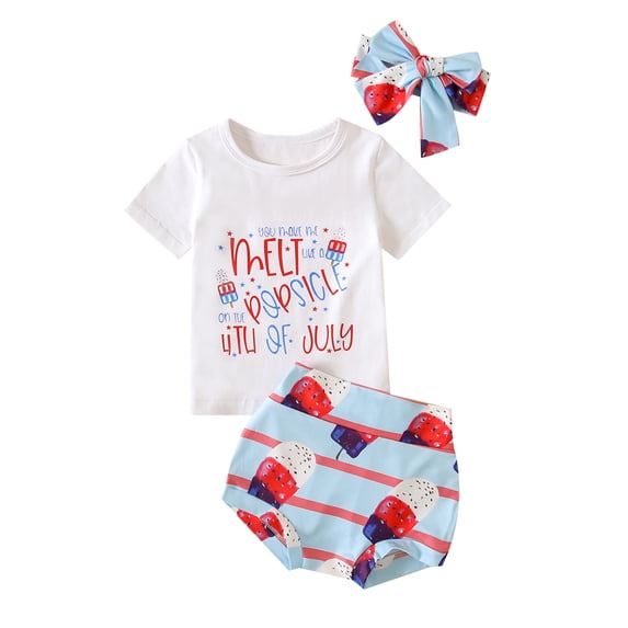 Toddler Baby Girl/Boy 4th of July Independence Day Suit, Letter Print Short Sleeve Crew Neck T-shirt + Ice Cream Elastic Waist Shorts + Bow Headband