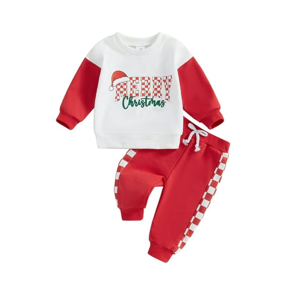 Toddler Baby Girl Boy Christmas Outfits 0 6 12 18 24 Months 2T 3T Letter Print Long Sleeve Sweatshirt with Plaid Pattern Pants Clothing Set