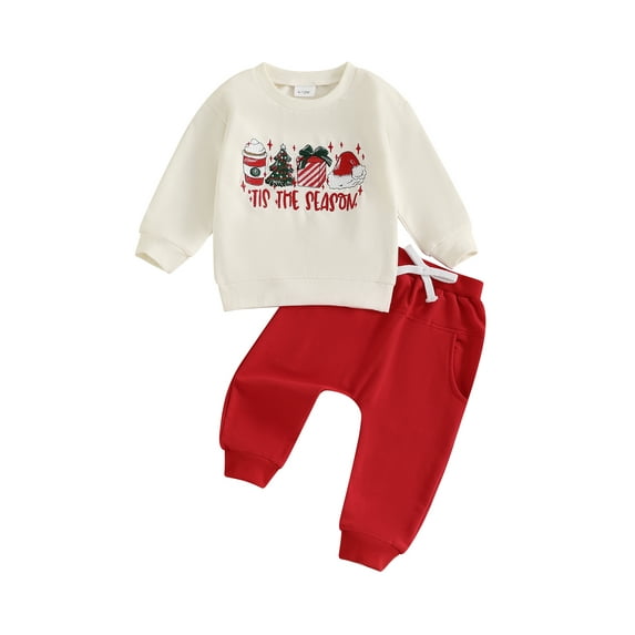 Toddler Baby Girl Boy Christmas Outfits 0 6 12 18 24 Months 2T 3T Letter Tree Embroidery Long Sleeve Sweatshirt with Solid Long Pants Clothing Set