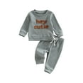 thumbnail image 1 of Toddler Baby Girl Boy Fall Winter Waffle Outfit Set Letter Printed Long Sleeve Sweatshirt Tops + Drawstring Pants 2Pcs Set, 1 of 7