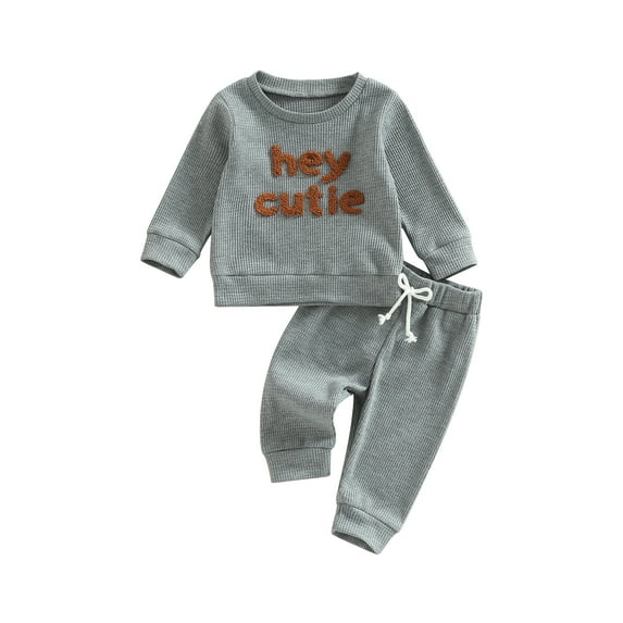 Toddler Baby Girl Boy Fall Winter Waffle Outfit Set Letter Printed Long Sleeve Sweatshirt Tops + Drawstring Pants 2Pcs Set