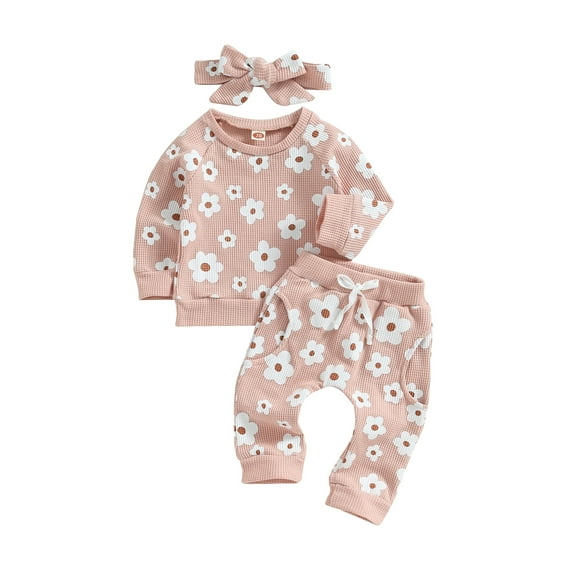 Toddler Baby Girl Boy Fall Winter Waffle Outfit Set Long Sleeve Sweatshirt Tops Pants Bow Headband 3Pcs Clothes