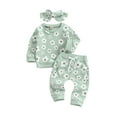 thumbnail image 1 of Toddler Baby Girl Boy Fall Winter Waffle Outfit Set Long Sleeve Sweatshirt Tops Pants Bow Headband 3Pcs Clothes, 1 of 7