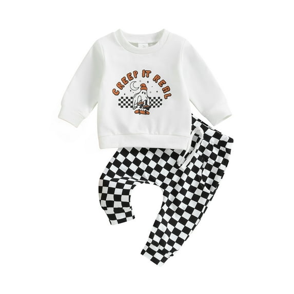 Toddler Baby Girl Boy Halloween Outfit Ghost Sweatshirt Long Sleeve Shirts Top Checkerboard Pants Set Fall Winter Clothes