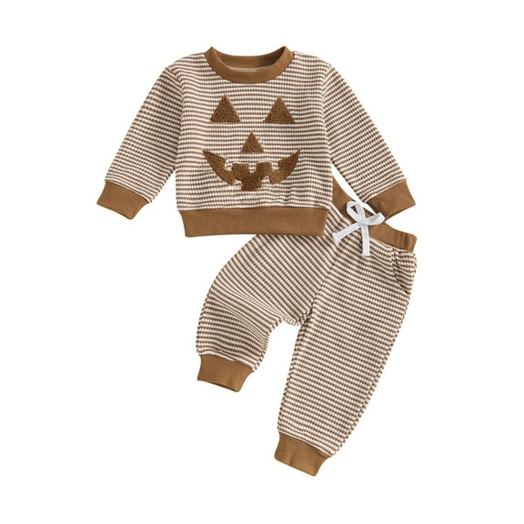 Toddler Baby Girl Boy Halloween Outfits Long Sleeve Waffle Pumpkin Embroidery Striped Sweatshirt Tops Pant Set Fall Winter Clothes Set