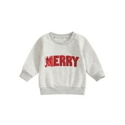 SXYPAYXS Toddler Baby Girl Boy Merry Christmas Outfit Sequin Letter Sweatshirt Long Sleeve Sweater Shirt Pullover Top Fall Winter Holiday Clothes