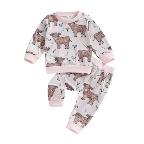 Toddler Baby Girl Boy Western Clothes 6M 12M 18M 24M 3Y Highland Cow Print Pullover Sweatshirt Elastic Waist Joggers 2PCS Outfit