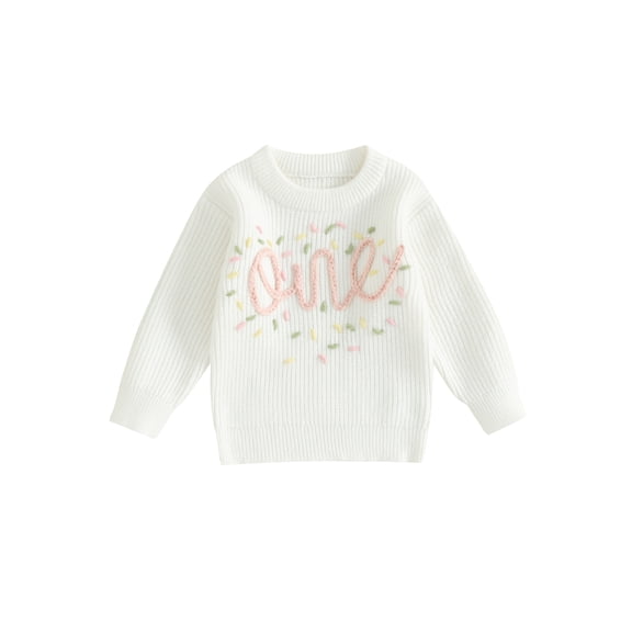 Toddler Baby Girl Boys First Birthday Sweater One Embroidery Knit Pullovers Long Sleeve Round Neck Warm Pullover Top Fall Winter Clothes