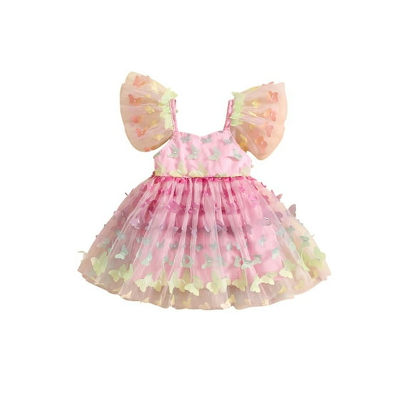 Toddler Baby Girl Butterfly Gradient Dress, Flying Sleeve Sweetheart Neck A-Line Mesh Dress