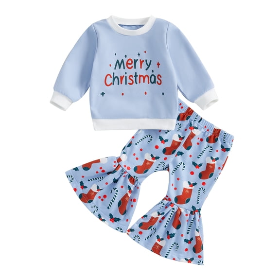 Toddler Baby Girl Christmas Bell-Bottomed Outfits Santa Letter Print Long Sleeve Sweatshirts   Flare Pants Xmas Clothes