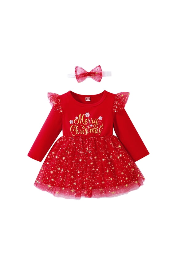 Toddler Baby Girl Christmas Dress Letters Print Ruffle Long Sleeve A-line Princess Dresses + Headband 9M 12M 18M 24M 3T 4T