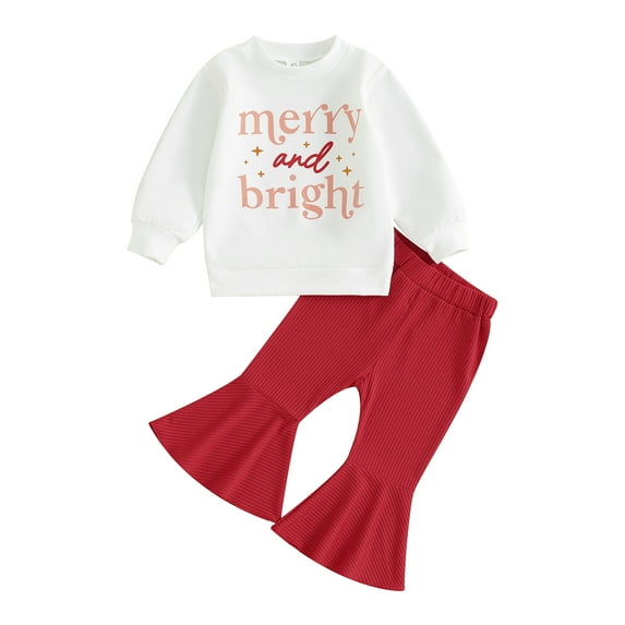 Toddler Baby Girl Christmas Outfit 9M 12M 18M 24M 3Y 4Y Merry Bright Sweatshirt Pullover Tops Red Bell Bottom Pants Set 2Pcs Xmas Fall Winter Clothes