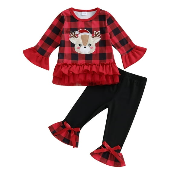 Toddler Baby Girl Christmas Outfit Plaid Elk Pullover Sweatshirt Tops Flare Bell Bottom Pants Fall Winter Clothes Set