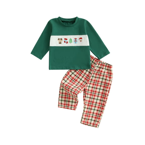 Toddler Baby Girl Christmas Outfit Santa Claus Embroidery Crewneck Long Sleeve Pullover Sweatshirt and Plaid Pants 2Pcs Fall Winter Clothes Set
