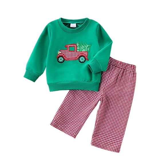Toddler Baby Girl Christmas Outfits 0 6 12 18 24 Months 2T 3T Truck Print Long Sleeve Crew Neck Sweatshirt with Elastic Waist Plaid Pants 2Pcs Clothing Set
