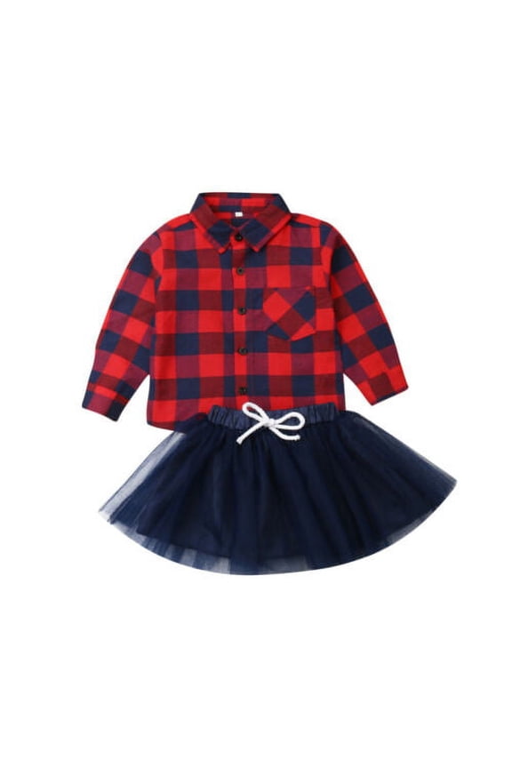 Toddler Baby Girl Christmas Outfits Long Sleeve Red Buffalo Plaid Shirt Top Skirt Tutu Dress Fall Winter Clothes