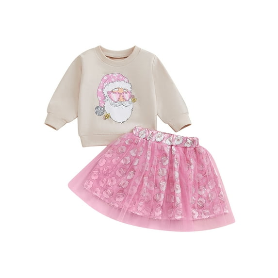 Toddler Baby Girl Christmas Skirt Outfit 6 12 18 24 Months 2T 3T 4T Santa Claus Print Long Sleeve Sweatshirt and Skirt Set for Fall Cute Clothes