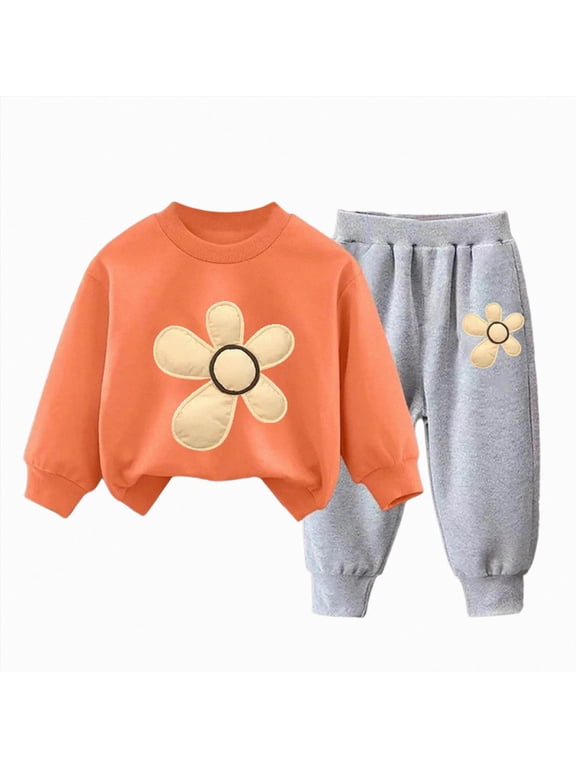 Toddler Baby Girl Clothes 12 24 Months 2T 3T 4T 5T 6T 7T 8T Fall Winter Outfits Floral Print Long Sleeve Sweatshirt Pant Sets Orange Size 2-3 Years