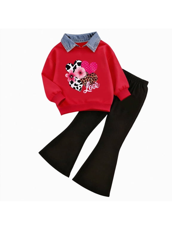Toddler Baby Girl Clothes 24 Months 2T 3T 4T 5T 6T 7T Fall Winter Outfits Contrast Color Long Sleeve Sweatshirt + Flare Pants Sets Hot Pink Size 3-4 Years