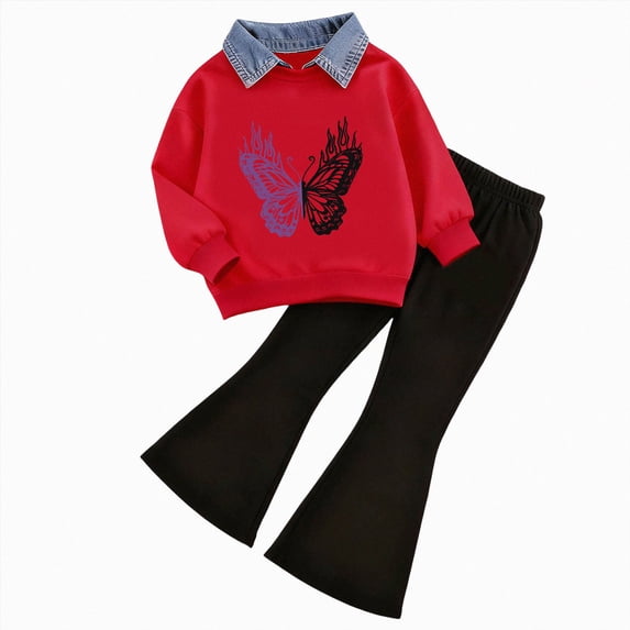 Toddler Baby Girl Clothes 24 Months 2T 3T 4T 5T 6T 7T Fall Winter Outfits Cute Print Long Sleeve Bell-bottomed Pant Outfits Set Wine Size 2-3 Years