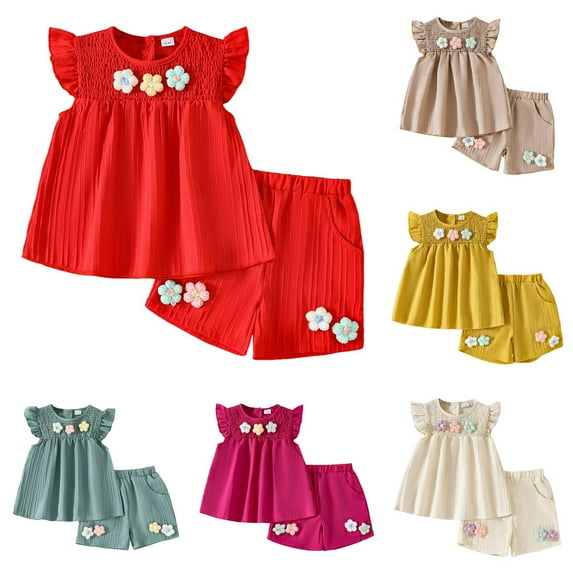 Toddler Baby Girl Clothes 3D Floral Ruffle Short Sleeve T-shirts Tops And Casual Shorts Sets Cute Summer Outfits Girls Dresses 7-8