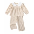 thumbnail image 1 of Toddler Baby Girl Clothes 3T Girl Fall Outfits 4T Girls Ruffle Long Sleeve Peter-pan Collar Plaid Top Pants 2PCS Set Khaki, 1 of 6