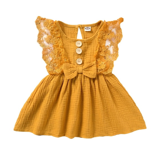 Toddler Baby Girl Clothes Baby Girl Dress Sleeveless Dress Lace Sleeve Summer Dress Baby Girl Party Dress Casual Dress Yellow 12-18 Months