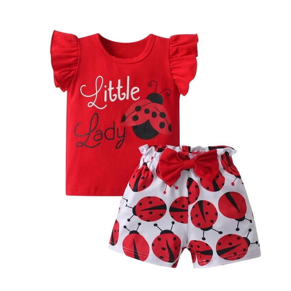 Toddler Baby Girl Clothes Cartoon Pattern Ruffled Tops and Shorts Summer Outfits Red 2-3T
