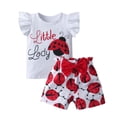thumbnail image 1 of Toddler Baby Girl Clothes Cartoon Pattern Ruffled Tops and Shorts Summer Outfits White 12-18 Months, 1 of 6