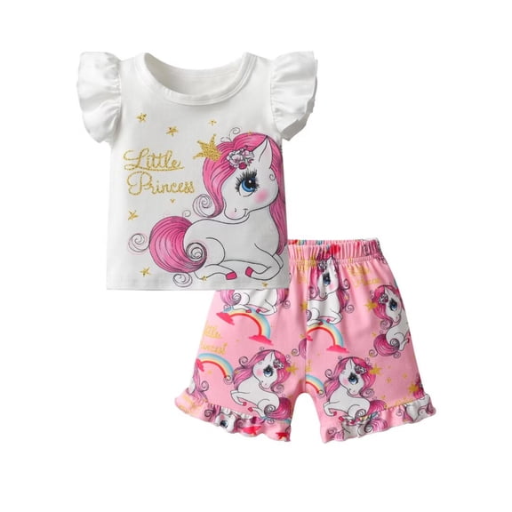 Toddler Baby Girl Clothes Cartoon Pattern Unicorn Ruffled Tops and Shorts Summer Outfits Pink 12-18 Months