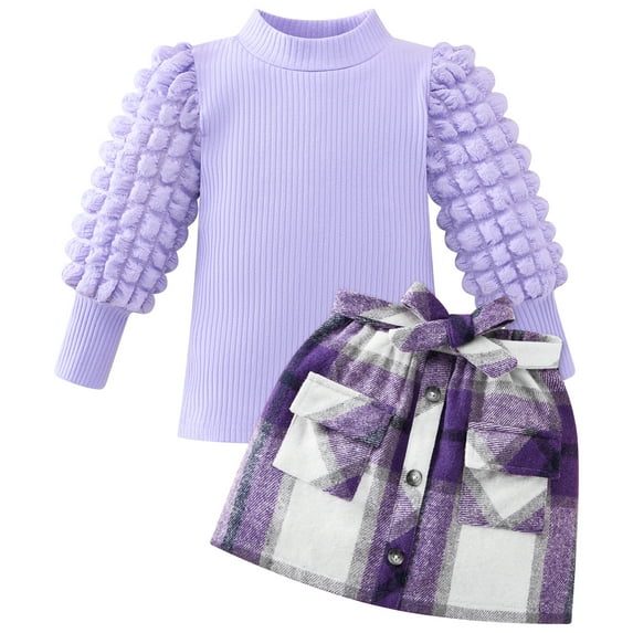 Toddler Baby Girl Clothes Cute Fall Outfits Casual Skirt Set Solid Turtleneck Knit Tops Plaid Mini Skirt 2Pcs Outfit 2-7T
