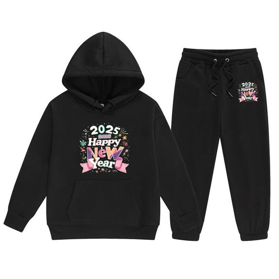 Toddler Baby Girl Clothes Cute Outfits 2025 New Year Print Long Sleeved Letter Print Hooded Top Sweater Pants Set Cute Kids Outfit Set for 2-3 Years