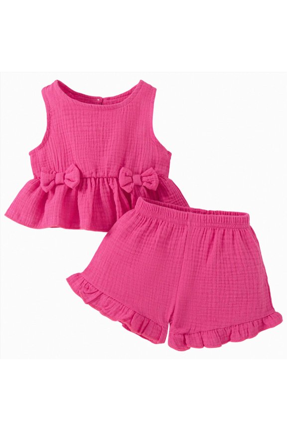 Baby Girl Clothes Cute Outfits Girls Linen Bow Tank Tops Ruffle Shorts Set Spring Summer Clothes for Kids(Hot Pink,6-9 Months)
