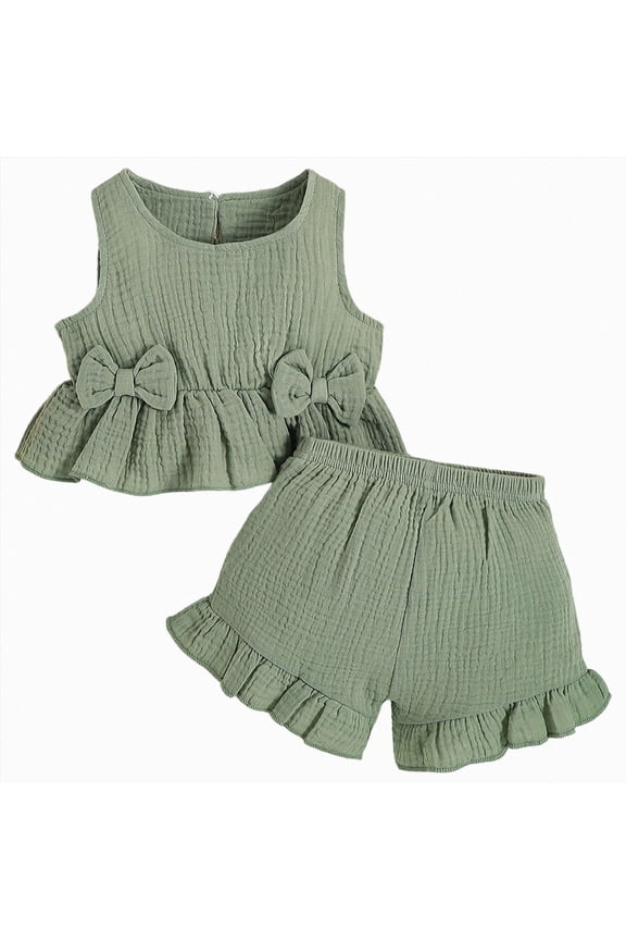 Baby Girl Clothes Cute Outfits Girls Linen Bow Tank Tops Ruffle Shorts Set Spring Summer Clothes for Kids(Green,18-24 Months)