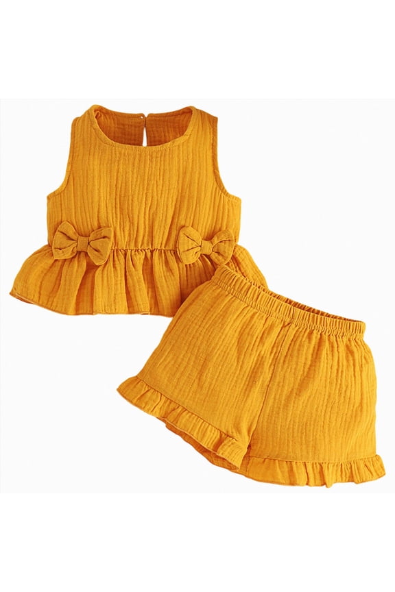 Baby Girl Clothes Cute Outfits Girls Linen Bow Tank Tops Ruffle Shorts Set Spring Summer Clothes for Kids(Yellow,9-12 Months)