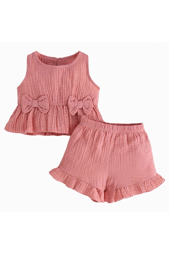 Baby Girl Clothes Cute Outfits Girls Linen Bow Tank Tops Ruffle Shorts Set Spring Summer Clothes for Kids(Pink,9-12 Months)