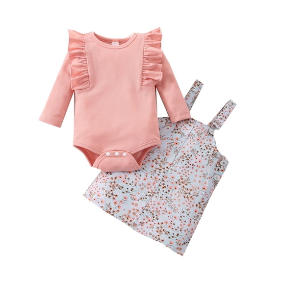 Toddler Baby Girl Clothes Cute Outfits Girls Winter Long Sleeve Ribbed Tops Flower Suspender Dress Set 2PCS Set Kids Clothing Set12-18 Months