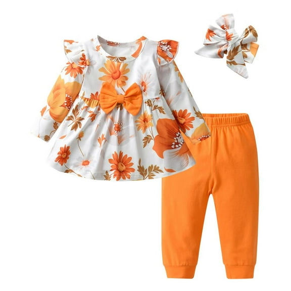 Toddler Baby Girl Clothes Floral Long Sleeve Ruffle Tops Pants and Headband Outfits Set Orange 6-9 Months