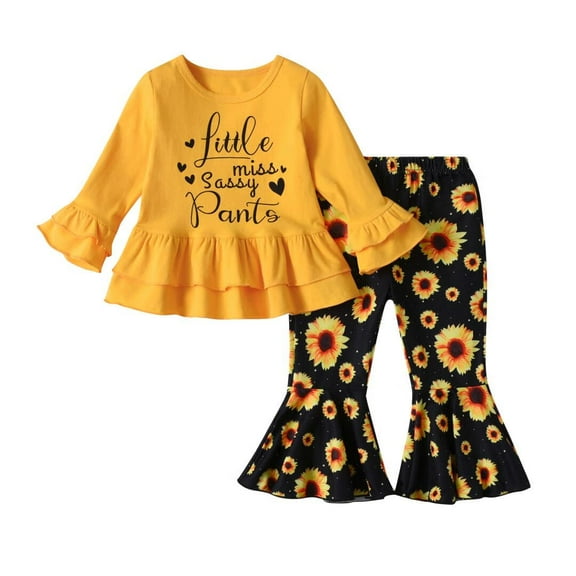 Toddler Baby Girl Clothes Letter Long Sleeve Ruffle Tops Floral Bell-Bottoms Pants Outfits Set Yellow 18-24 Months