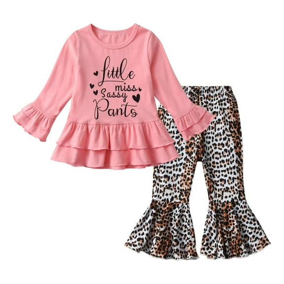 Toddler Baby Girl Clothes Letter Long Sleeve Ruffle Tops Leopard Bell-Bottoms Pants Outfits Set Pink 12-18 Months