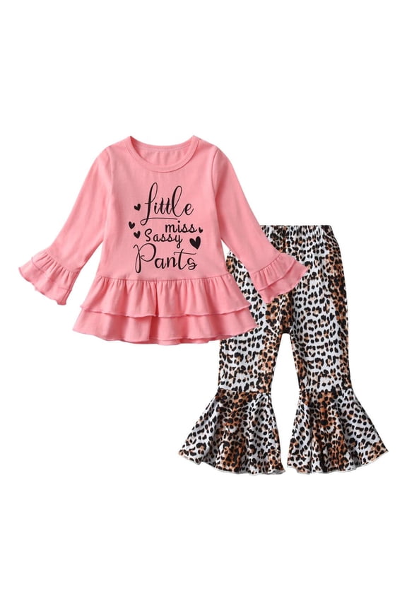Toddler Baby Girl Clothes Letter Long Sleeve Ruffle Tops Leopard Bell-Bottoms Pants Outfits Set Pink 12-18 Months