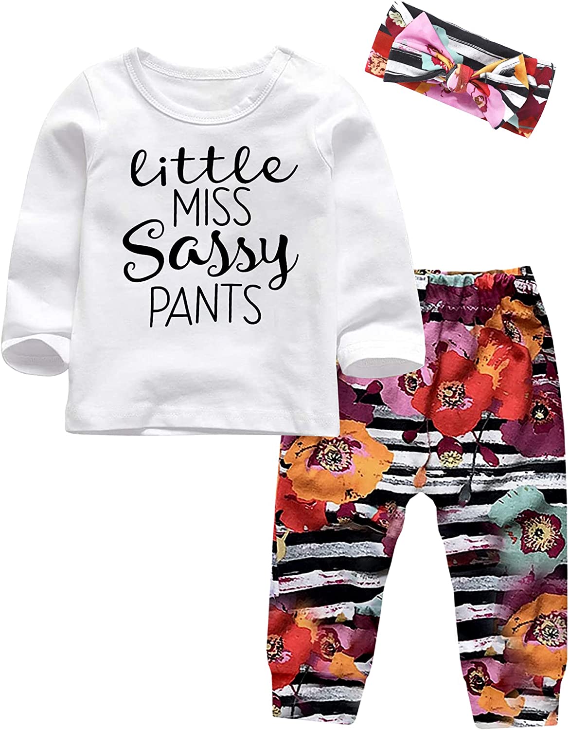 Toddler Baby Girl Clothes Letter Pattern Tops Floral Pants with Headband Outfit Set 12-18 Months