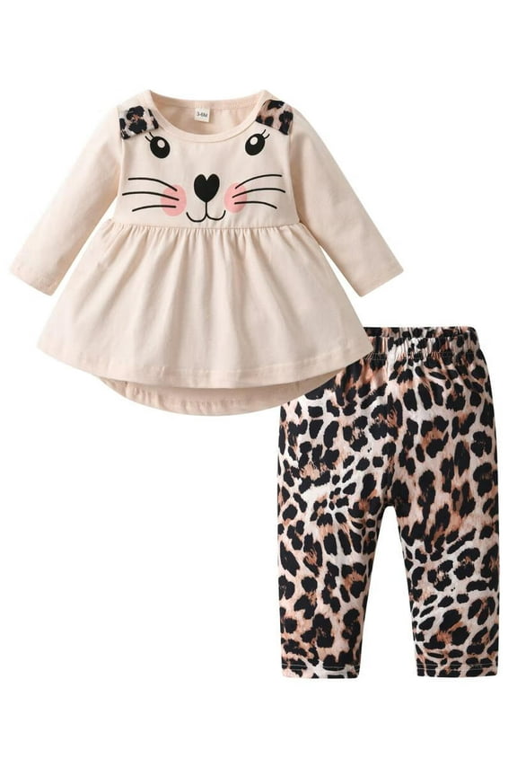 Toddler Baby Girl Clothes Long Sleeve Animal Style Tops Leopard Printed Pants Outfit Set Apricot 18-24 Months