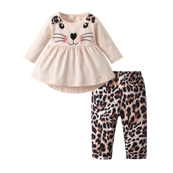 Toddler Baby Girl Clothes Long Sleeve Animal Style Tops Leopard Printed Pants Outfit Set Apricot 2-3T