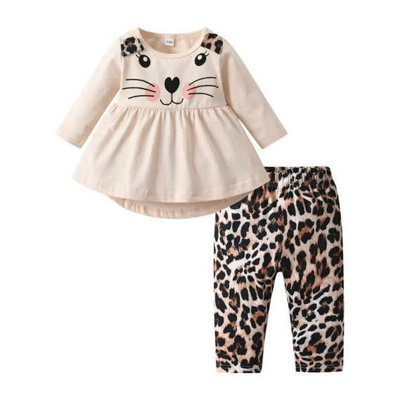 Toddler Baby Girl Clothes Long Sleeve Animal Style Tops Leopard Printed Pants Outfit Set Apricot 9-12 Months