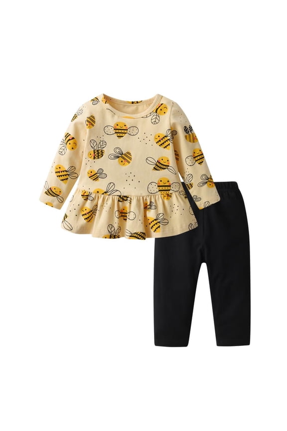 Toddler Baby Girl Clothes Long Sleeve Bee Animal Style Tops Solid Pants Outfit Set Yellow 9-12 Months