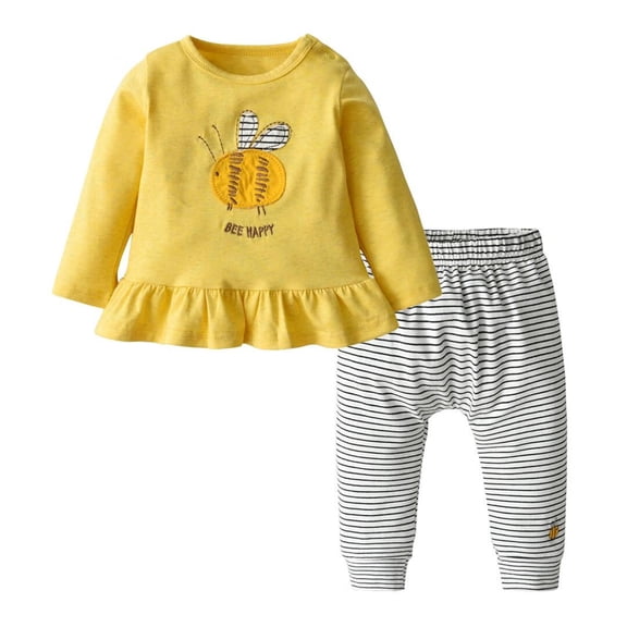 Toddler Baby Girl Clothes Long Sleeve Bee Animal Style Tops Stripe Pants Outfit Set Yellow 6-9 Months
